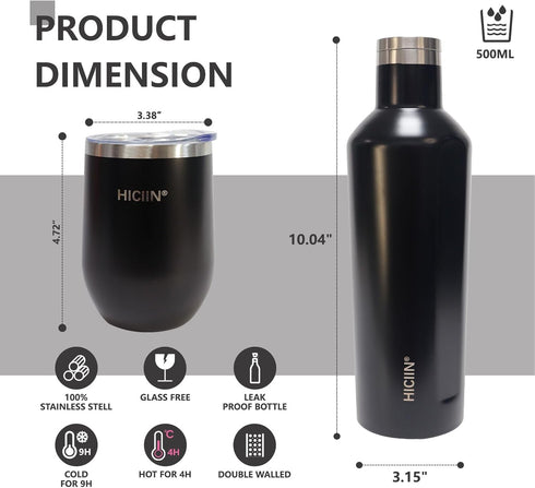 Hiciin 12oz 25oz&Gift Set packaged Stainless Steel Wine Tumblers with Lid TWO & Insulated Wine bottle ONE with well