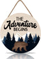 LHIUEM The Adventure Begins Wooden Hanging Sign, Bear Mountain Inspirational Quotes for Home Cabin Decor, 12”X 12”