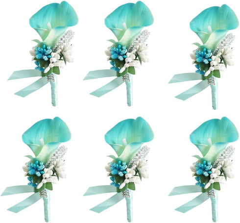Calla Lily Boutonniere for Men, Wedding Groom Best Man Boutonniere, Set of 6 for Ceremony, Turquoise