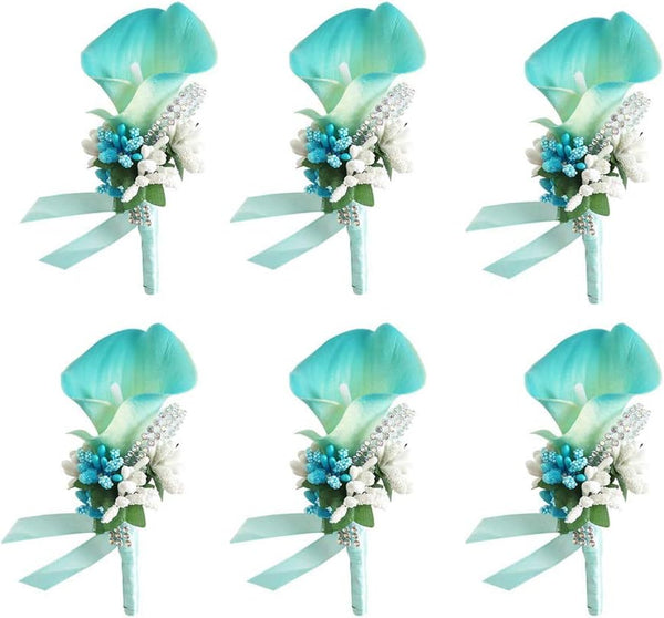 Calla Lily Boutonniere for Men, Wedding Groom Best Man Boutonniere, Set of 6 for Ceremony, Turquoise