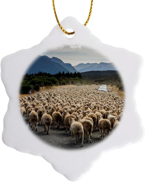 3D Rose A Herd of Sheep Block The Road, Milford Sound, New Zealand Snowflake Ornament, 3"