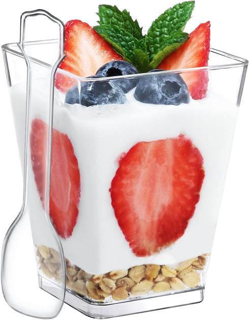 SHOPDAY 5 Oz-Plastic-Dessert-Cups: 30 Pack Square-Clear-Cup-with-Spoons, Small Parfait-Cup Mini Plastic Appetizer Shooter