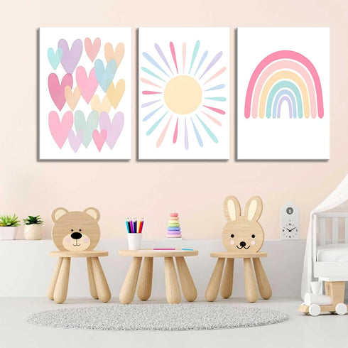 3Pcs 12x16in RCJARTI Pink Nursery Canvas Wall Art Rainbow Poster Kids Bedroom Baby Girls Toddler Pastel Wall Decor