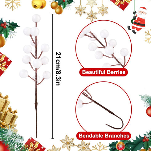 Vellibring 32 Pack Artificial White Berry Stems, Christmas White Berries Picks Holly Berry Branches for Christmas Tree