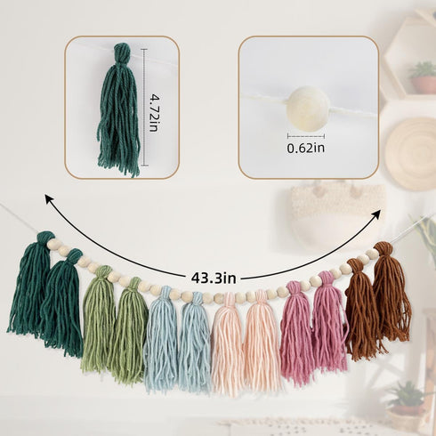 yuntop Rainbow Boho Tassel Wall Hanging with Wood Beads - Colorful Pastel Tassel Garland for Kids Room, Classroom