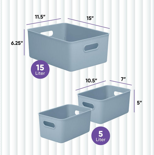 Superio Ribbed Collection Decorative Plastic Open Storage Bins, Blue (Set of 3), 1 Large, 2 Medium for Organizing