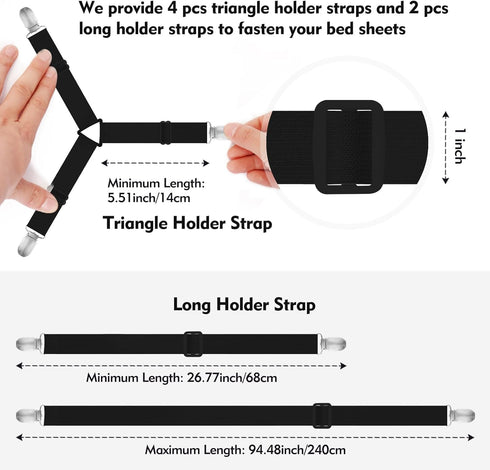 Bed Sheet Holder Straps, 4+2 Pcs Adjustable Mattress Sheet Clips, Bed Sheet Fasteners Elastic Sheet Suspenders to Keep Bed Sheet in Place for Different Beds (Black)