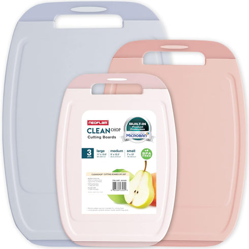 Neoflam Microban Protection Cutting Board 3 Piece Set, Stain & Odor/BPA Free, Reversible Board, Non-Slip Handle