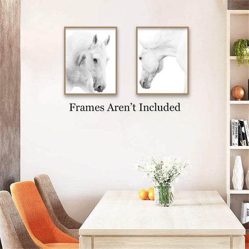 HPNIUB White Horse Wall Art Print Set of 2 (12”X16”, Unframed, Black White Canvas Artwork for Bedroom Decoration)