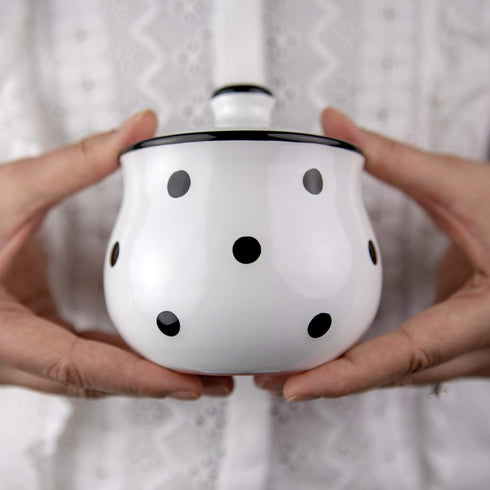 City to Cottage Ceramic Sugar Bowl with Lid - 10oz Sugar Container for Coffee Bar, Handcrafted White & Black Polka Dot
