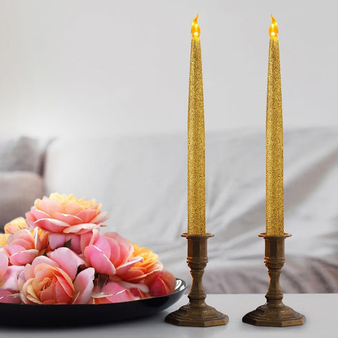FURORA LIGHTING Gold LED Taper Candles, Battery Operated Pack of 2, Electric Candles with 6/18 Timer, Winter Decorations