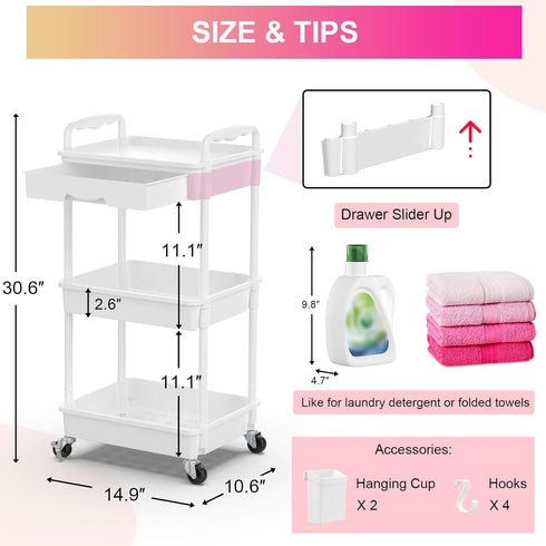 3 2 Goovilla Tier Rolling Utility Cart Organizer with Removable Drawer, Stable and Sturdy White Rolling Storage Carts