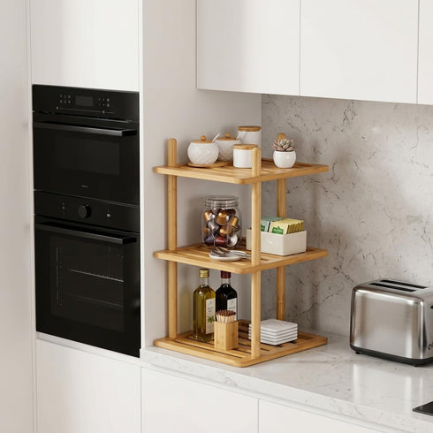 2Pcs 3-Tier Counter, Countertop (2, 3Tier-Large-6.7"H) Cabinet Organizer Shelf - Bamboo Corner Rack for Kitchen Cabinet