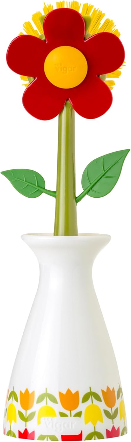 Vigar Flower Power Dish Brush with Vase Brush Holder, Dish Brush with