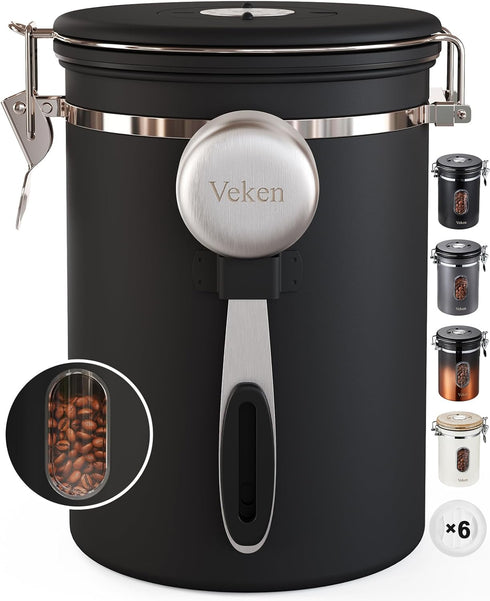 Veken Coffee Canister with Window, Airtight Stainless Steel Storage Container for Coffee, Beans, and Tea