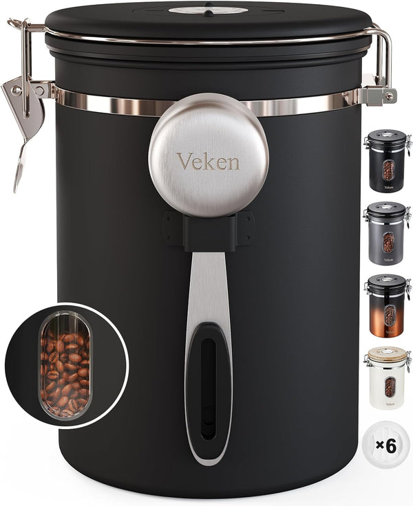 Veken Coffee Canister with Window, Airtight Stainless Steel Storage Container for Coffee, Beans, and Tea