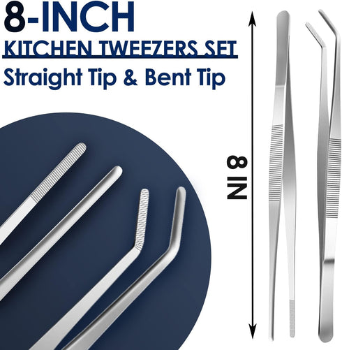 Gutsdoor Kitchen Tweezers Set of 2 Stainless Steel Tongs with Precision Serrated Tips for Cooking (8 Inch)
