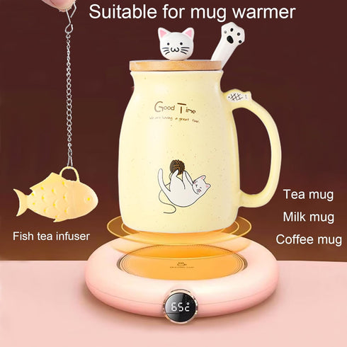 BigNoseDeer Ceramic Tea Cup with Infuser and Lid, Kawaii Cat Mug, Cute Gifts for Women, Girls (13oz)
