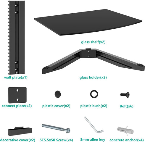 2 17.6lbs (CS202B), 2-Shelf, WALI Floating TV Shelf, Tier Glass Projector Shelf for DVD Players, Routers, Game