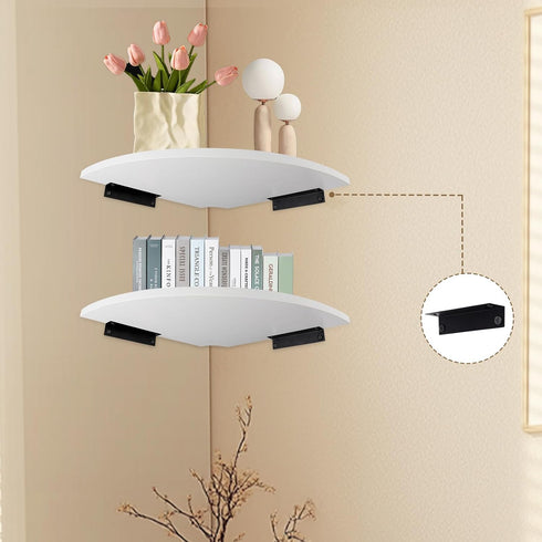 JJL 12-Inch Set 2 Corner Shelf, Sector Wall Shelf, of Wooden Hanging Shelves with Wire Hole for Bedroom Corner