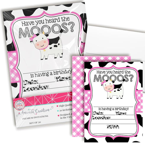 Heard the Moos Pink Cow-Themed Birthday Party Invitations for Kids, 20 Fill In Cards with Envelopes by AmandaCreation