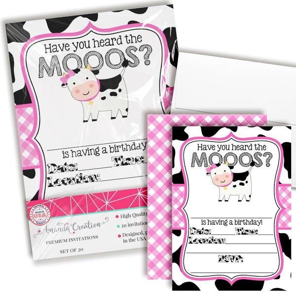 Heard the Moos Pink Cow-Themed Birthday Party Invitations for Kids, 20 Fill In Cards with Envelopes by AmandaCreation