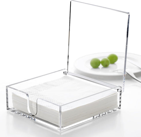 Acrylic Napkin Holder, 7"x 7"x 2.4" Flat Dispenser with Lid, Waterproof Paper Napkin Container for Kitchen & Bathroom