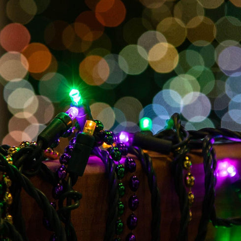 50ft 100 6" IP55, Dimmable, Novelty Lights LED Yellow/Purple/Green Mardi Gras Lights Outdoor/Indoor, Spacing, Green