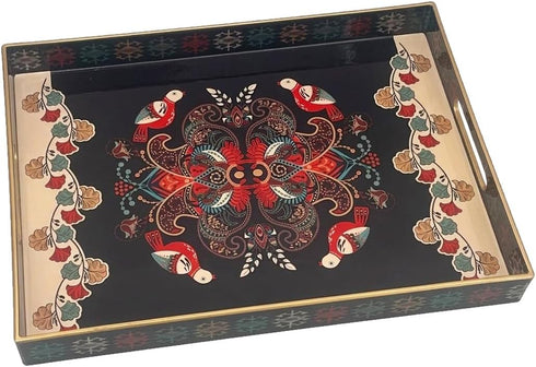 MaAixHom 15.8" 11.8" x Black Plastic Serving Tray with Handles, Bohemian Folk Art Bird & Mandala Pattern with Gold