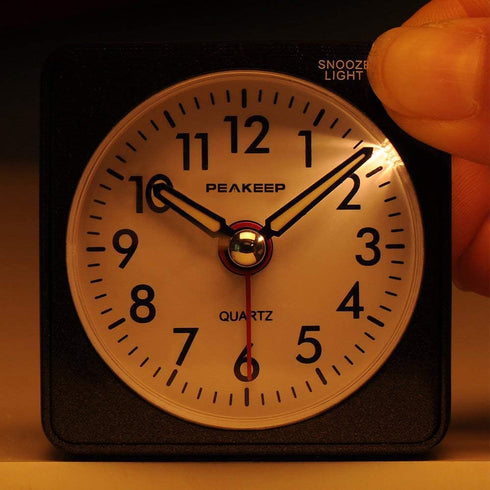 Peakeep Ultra Small Battery Travel Alarm Clock with Snooze and Light, Silent Analog Quartz (Black)