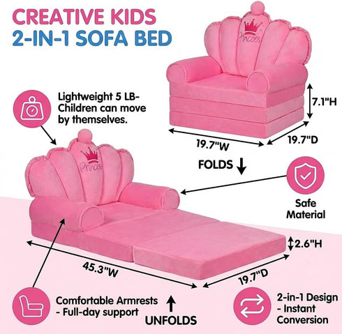 harhoers 2-in-1 1-5, Pink Princess Toddler Couch, Foldable Sofa Bed & Chair for Kids Space-Saving for Small Rooms, Fits