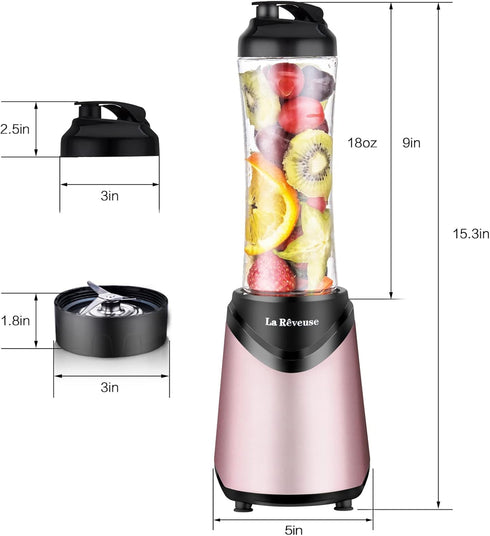 La Reveuse Personal Size Smoothies Blender, 300 Watts with 18 oz BPA-Free Portable Travel Bottle (Pink)