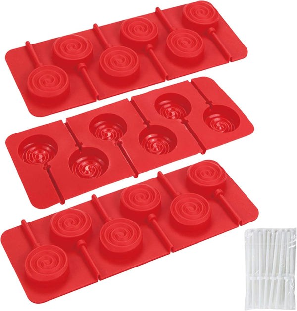 Webake Lollipop Mold with Sticks, 3 Pack Silicone Sucker Molds, 6 Cavity Swirl Lollipop