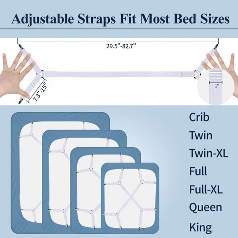 Sopito Adjustable Bed Sheet Straps, 2pcs/White, Max Stretch 29.5 in to 82.7 in, Non-Slip Holder Clips for Beds