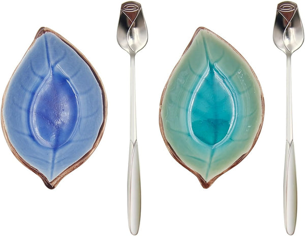 2 Pack Coffee Spoon and Leaf Rest Set, Ice Cracks Leaf Ladle