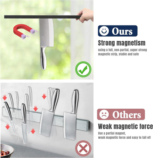 Magnetic Knife Holder for Wall, 10 Inch Black Knife Strip with 2 Hooks, Powerful Magnet Rack with Adhesive Tape and