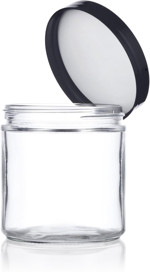 16 oz Large Clear Thick Glass Jar with Black Foam Lined Lid, 4 Pack