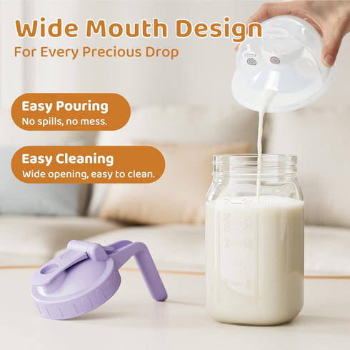 32 oz, Breast Milk Pitcher, Mason Jar Heavy Duty Wide Mouth Jar with Purple Flip Cap Lid and Pour Spout, Formula