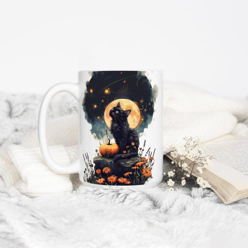 Mystical Black Cat Full Moon Coffee Mug, Witchy Halloween Cup, Spooky Autumn Season Aesthetic (15oz)