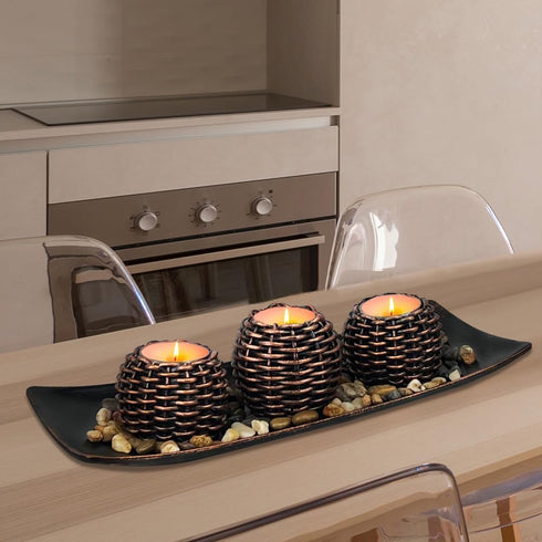 3 Coffee Table Decor, Pieces Candle Holders with Tray and Rocks, Centerpiece Table Decorations for Living Room, Dining