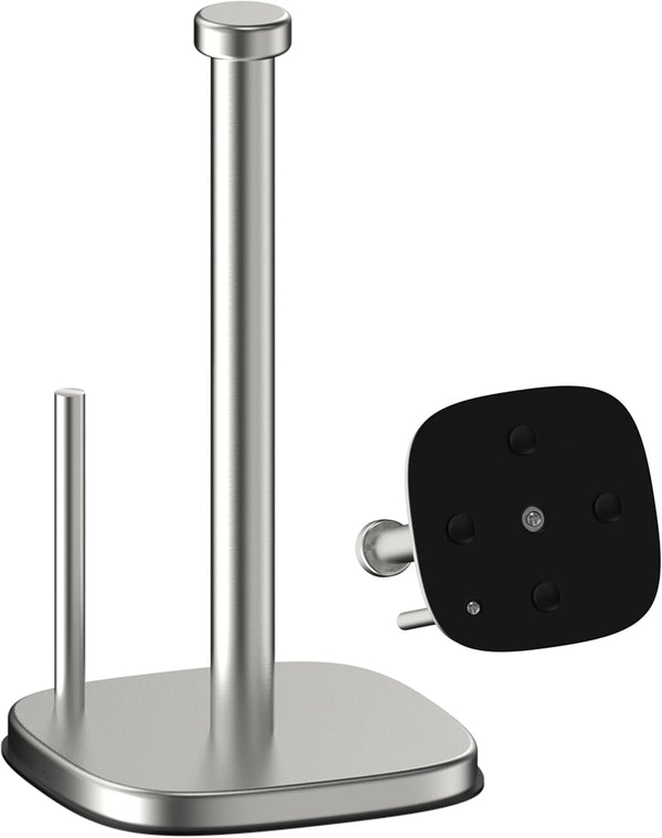 Brushed Nickel Paper Towel Holder, Standing Roll Holder for Kitchen Bathroom with Weighted Base and Suction Cups