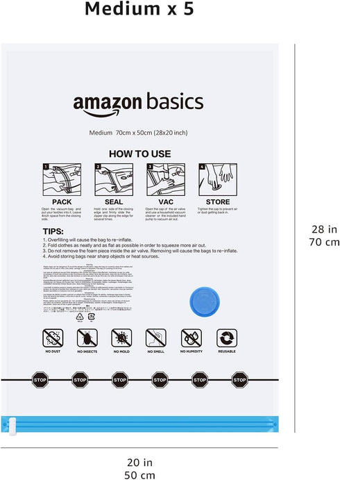 Amazon Basics Vacuum Compression Zipper Storage Bags - Medium, Clear, 5-Pack with Hand Pump