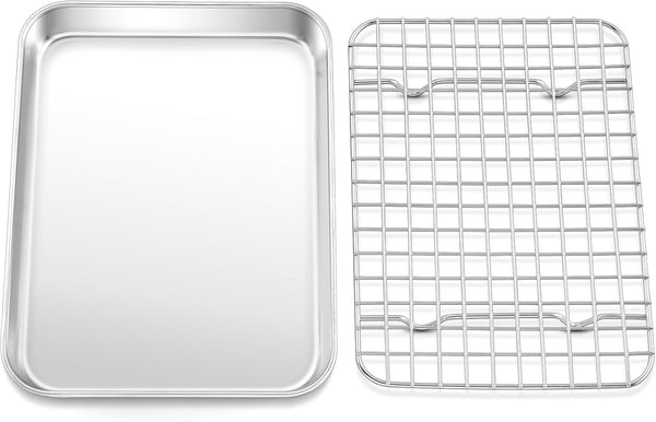 TeamFar Toaster Oven Pan with Rack Set, 9’’ x 7’’ x 1’’ Stainless Steel Baking Tray with Mini Cooling Grid Rack, 2pcs