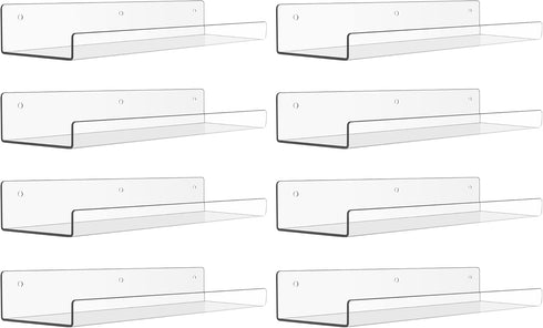 Upsimples 8 Pack Acrylic Shelves for Wall Storage, 15" Floating Bookshelves, Clear Display Shelf Organizer