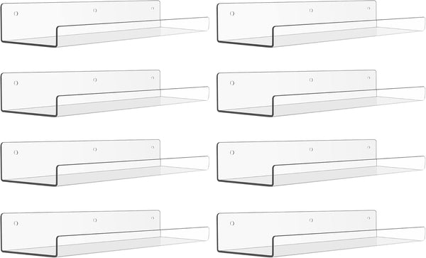 Upsimples 8 Pack Acrylic Shelves for Wall Storage, 15" Floating Bookshelves, Clear Display Shelf Organizer
