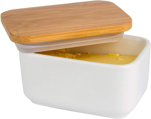 Arswin Porcelain Butter Dish with Bamboo Lid, Ceramic Butter Keeper Container for Countertop