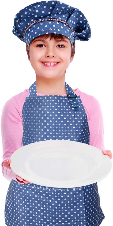 Set, 2 Kids Apron and Chef Hat Adjustable Cotton Child Aprons with Pockets Cute Girls Boys Kitchen Bib Aprons
