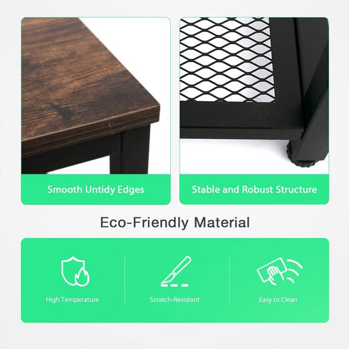2-Tier Side Table with Mesh Shelves, Open Shelves Small End Table, Industrial Wood Look Night Stand with Metal Frame