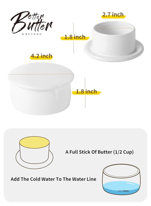 French Butter Crock with Lid, White Porcelain Butter Keeper with Waterline for Fresh Soft Butter without Refrigeration