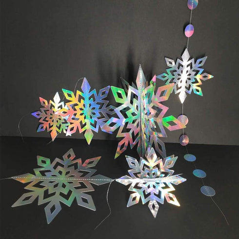 Cheerland Winter Wonderland Iridescent Snowflake Hanging Garland Decorations, Holographic Paper Snowflakes for Christmas